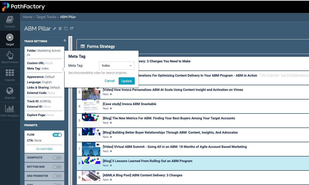 Sample Target PathFactory section of the platform, highlighting Meta tag