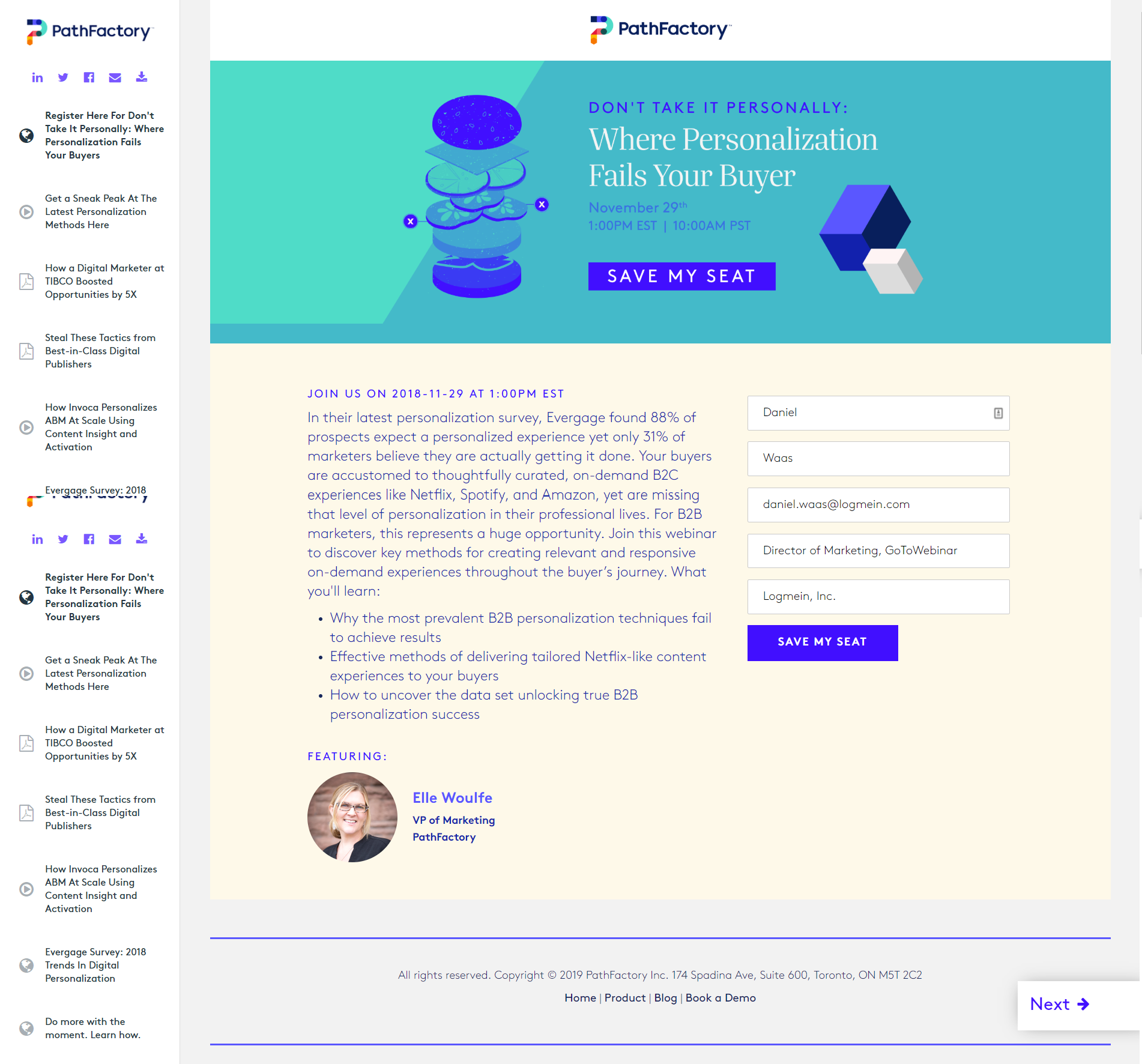 Example PathFactory webinar landing pages